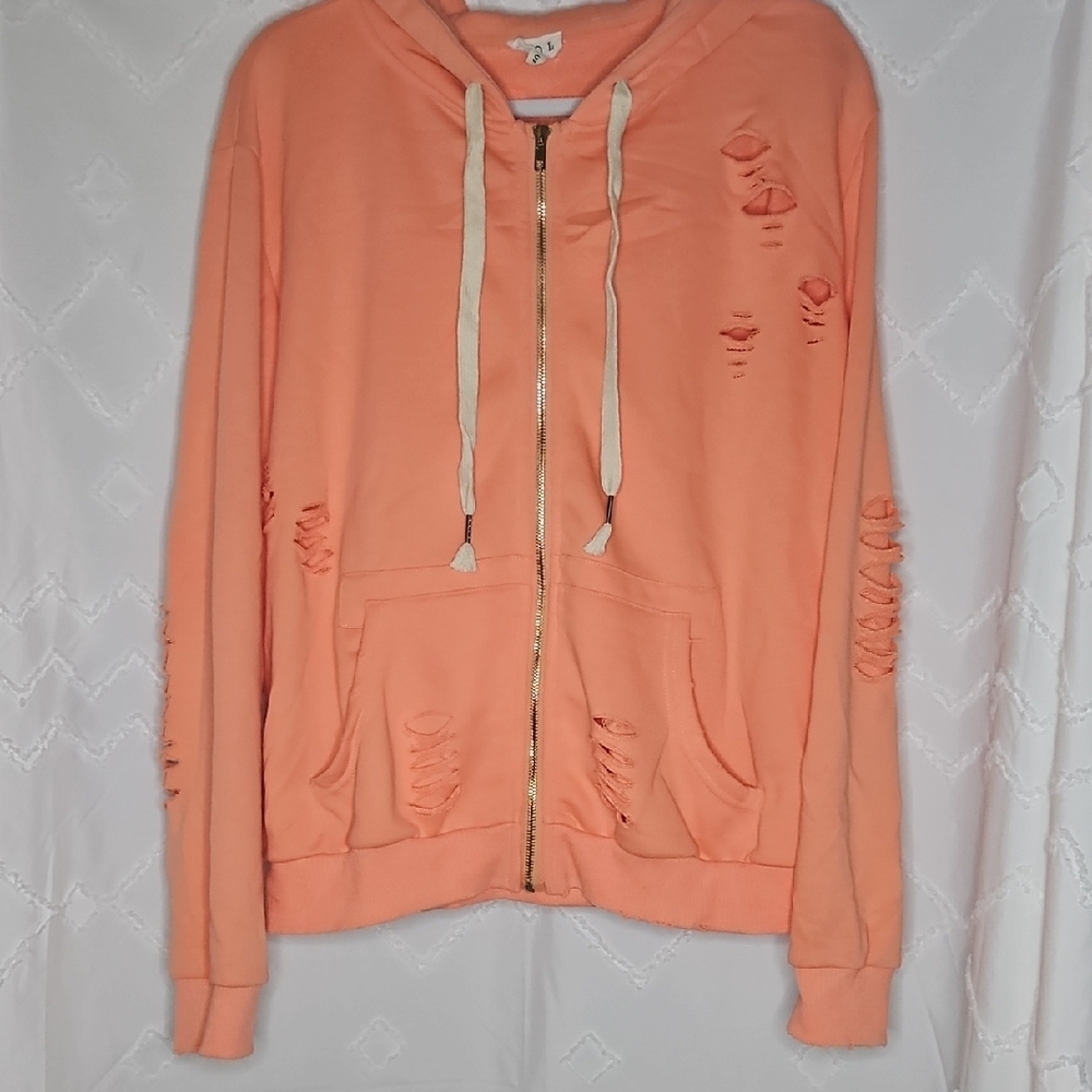 POL Coral Distressed Zip-Up Hoodie PTP 25"